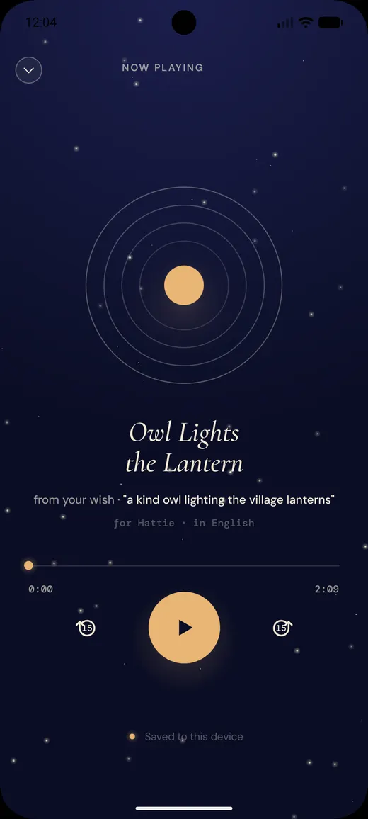 Ekran odtwarzacza „Owl Lights the Lantern” z koncentrycznymi kręgami wokół złotej tarczy i sterowaniem