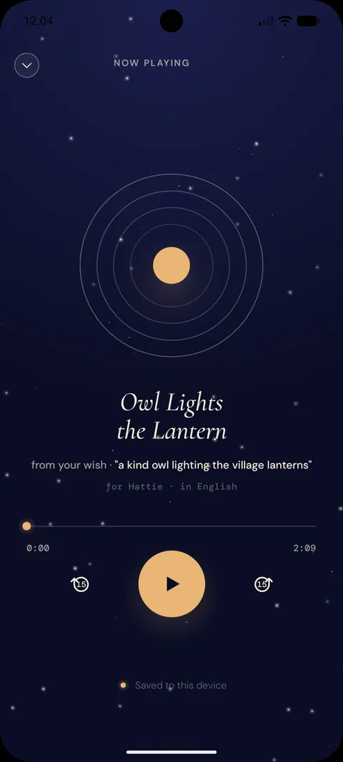 Ekran odtwarzacza „Owl Lights the Lantern” z koncentrycznymi kręgami wokół złotej tarczy i sterowaniem