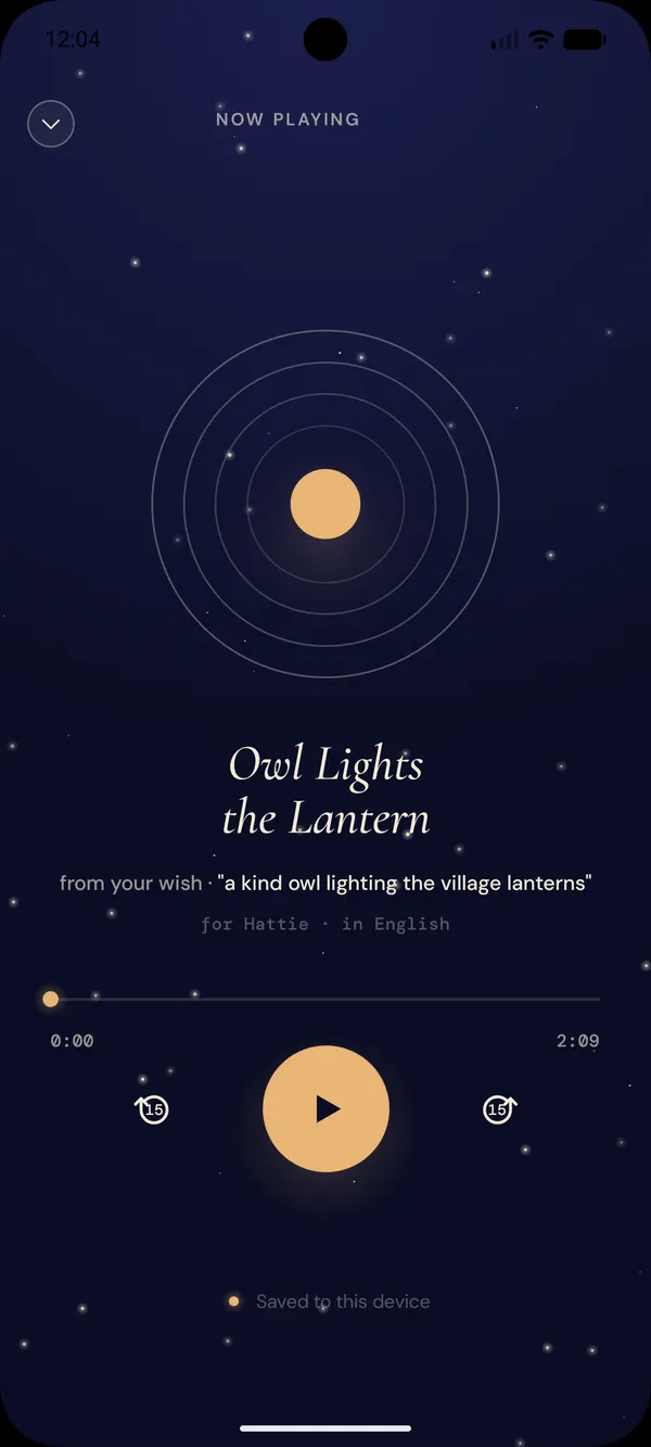 Ekran odtwarzacza „Owl Lights the Lantern” z życzeniem, z którego powstała bajka